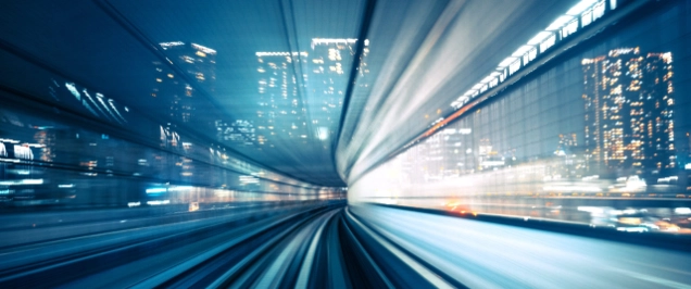 abstract motion-blurred view from the front of a train in Tokio, Japan