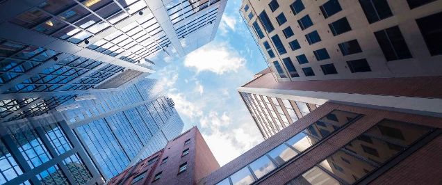 Skyscrapers against blue sky in downtown Melbourne, Australia