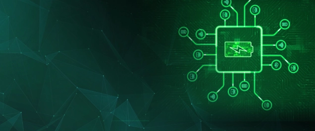 Digiital image of a microchip and battery representing technology and batteries