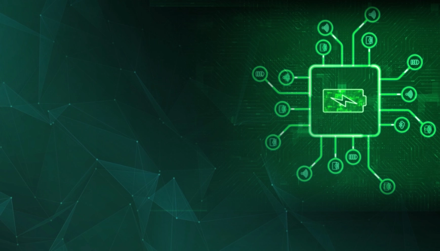 Digiital image of a microchip and battery representing technology and batteries